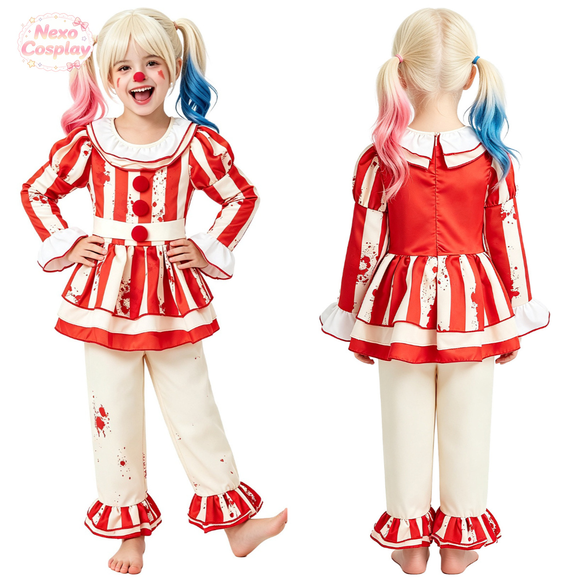 Kids Cosplay Anime - Kinderen Rood Wit Gestreept Horror Clownpak